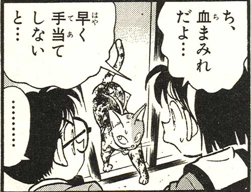 The cat's covered in blood, but fear not it's _only_ human blood.